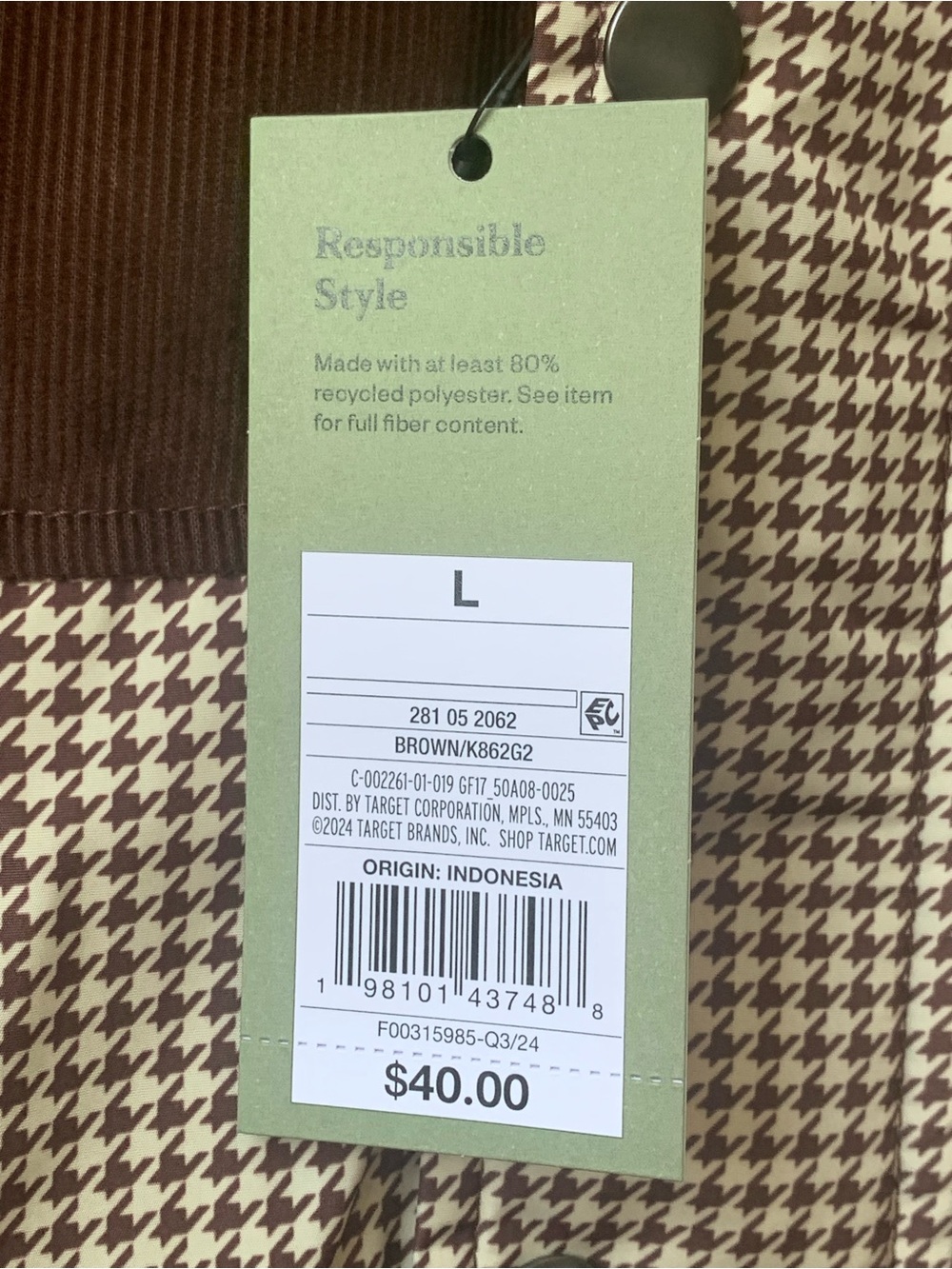 GOODFELLOW & CO Men’s Brown Cream Houndstooth Full Zipper Front Puffer Vest - Picture 3 of 8